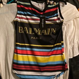 Cotton/rayon striped sleeveless Balmain top.
